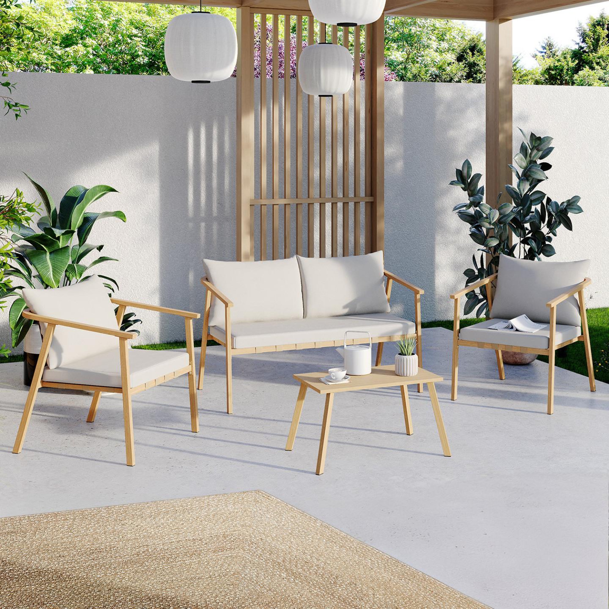 Voir la diapositive 2 : ID MARKET Salon de jardin bas malta 4 places structure en métal effet bois, lanières et coussins beiges