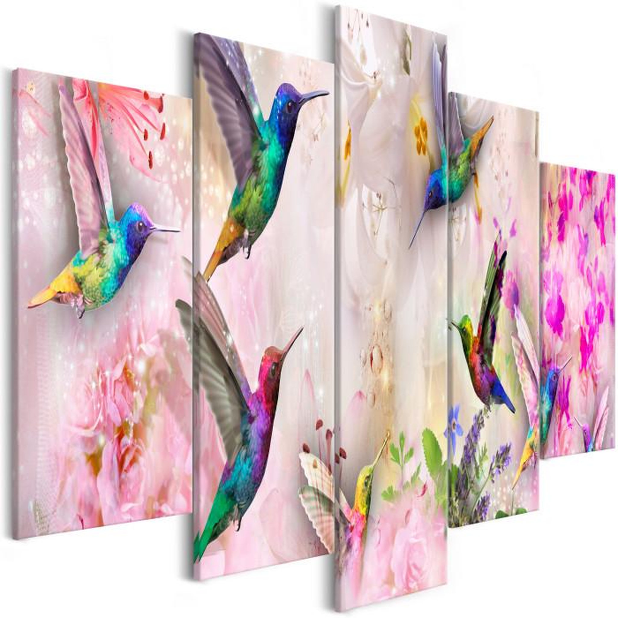 Paris Prix Tableau 5 Panneaux  Colourful Hummingbirds Wide Pink. Coloris disponibles : Multicolore