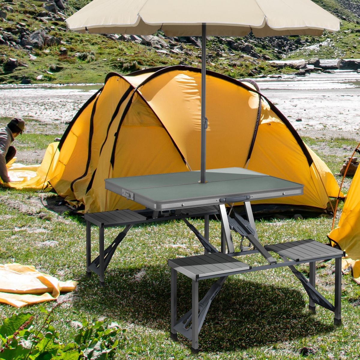 OUTSUNNY Ensemble table et chaise de camping pliant forme valise pique-nique alu