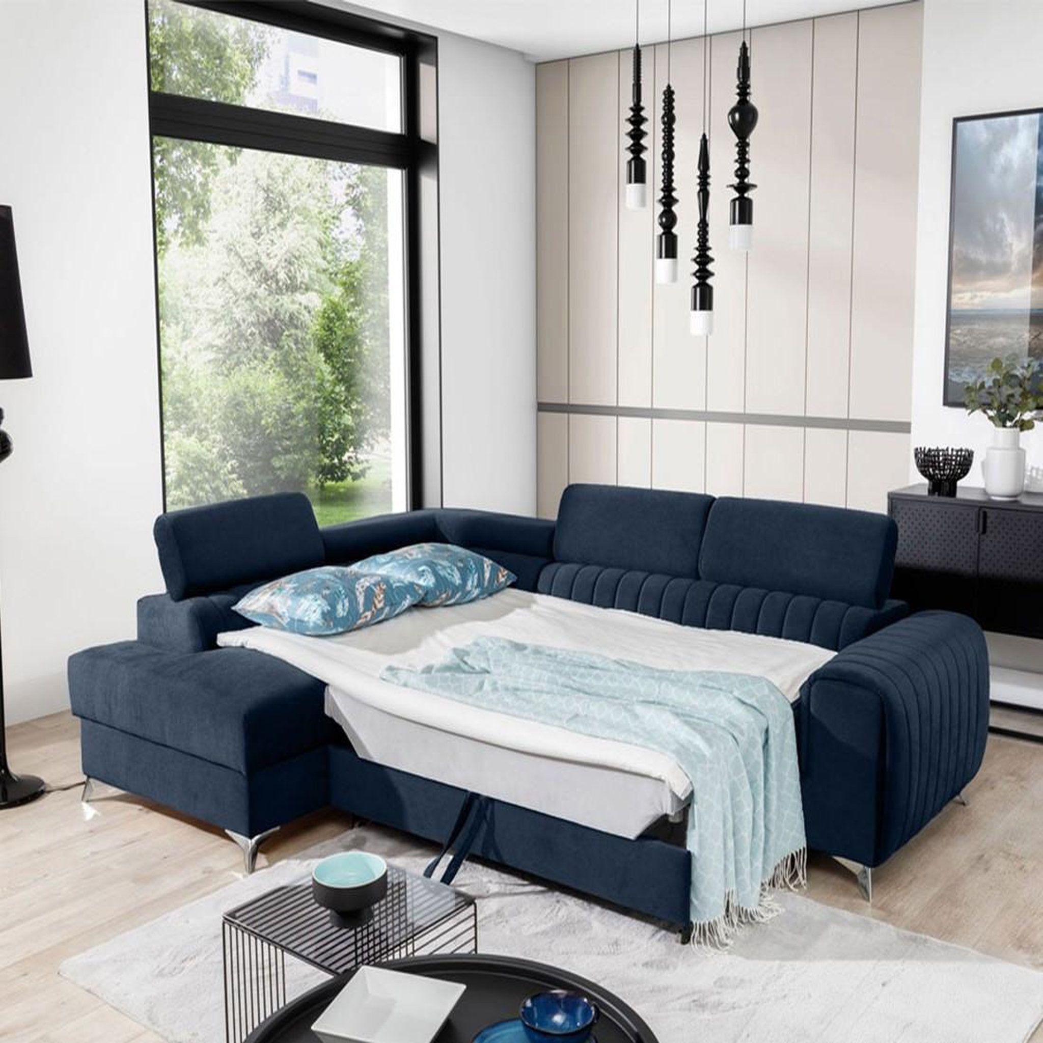 Voir la diapositive 2 : BEST MOBILIER Talisay - canapé d'angle gauche - 5 places - convertible avec coffre - en velours