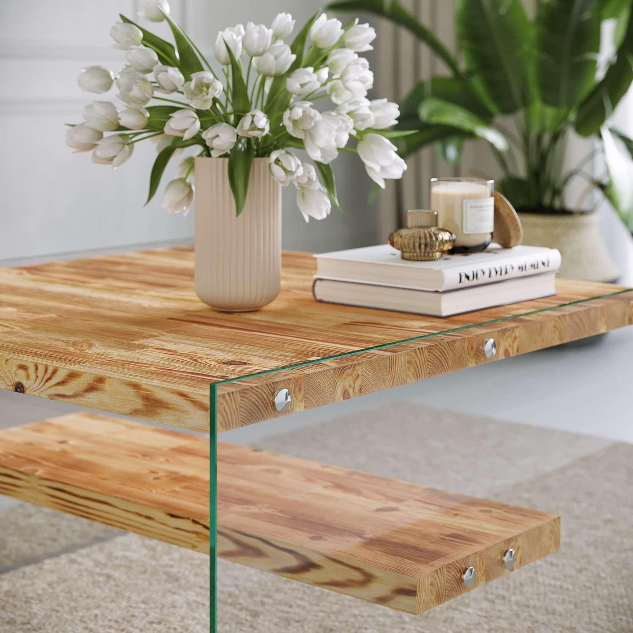 Voir la diapositive 4 : TOILINUX Table basse carrée 1 étagère crystallia en bois massif - marron clair