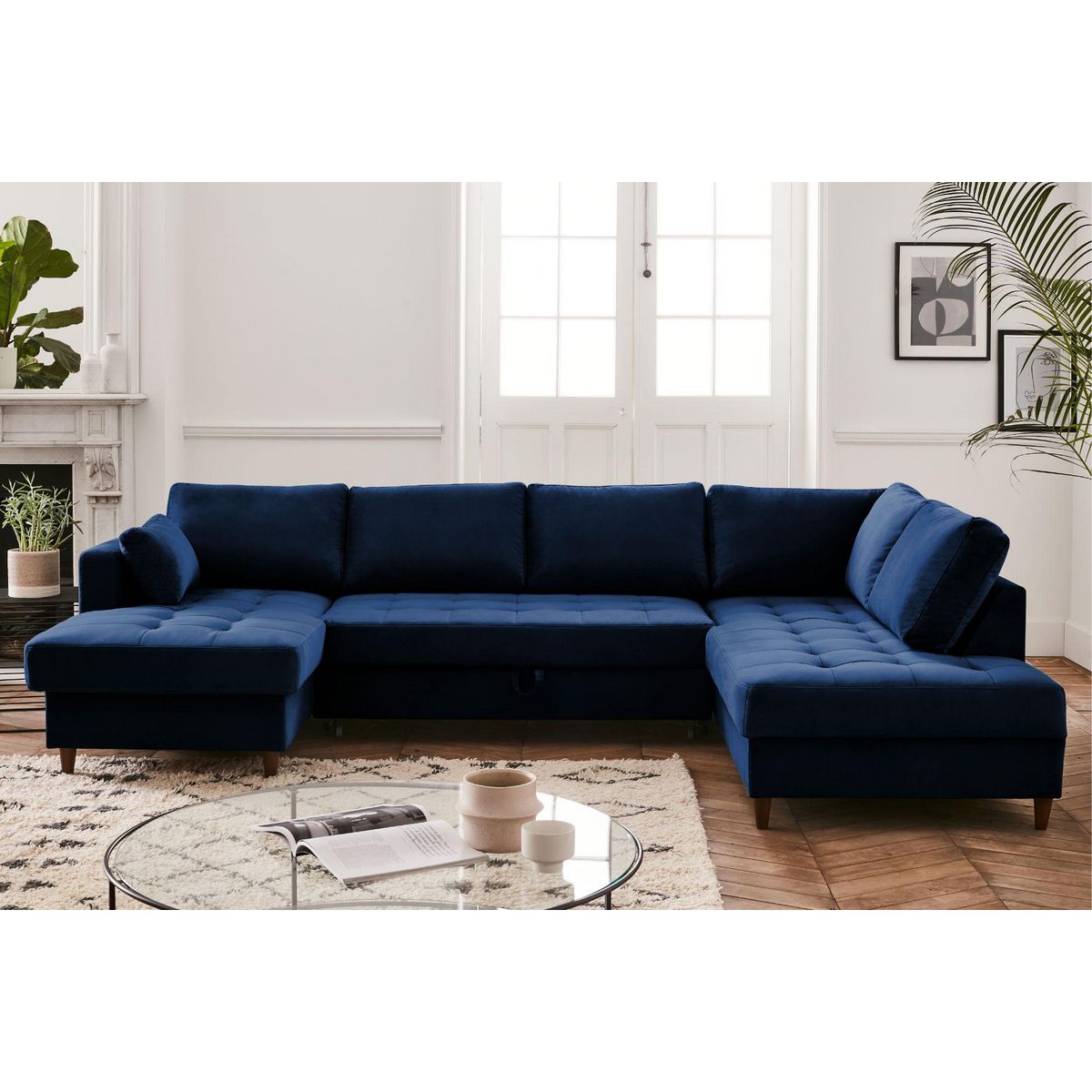 LISA DESIGN Anna - canapé panoramique d'angle droit - 7 places - convertible avec coffre - en velours