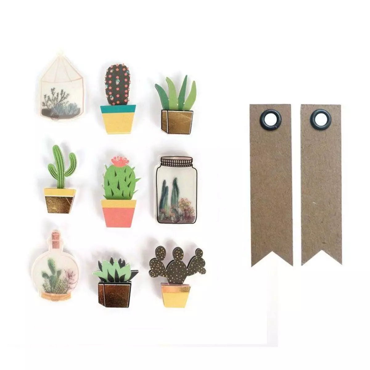 Graine créative 9 stickers 3D cactus et botanique 4 cm + 20 étiquettes kraft Fanion