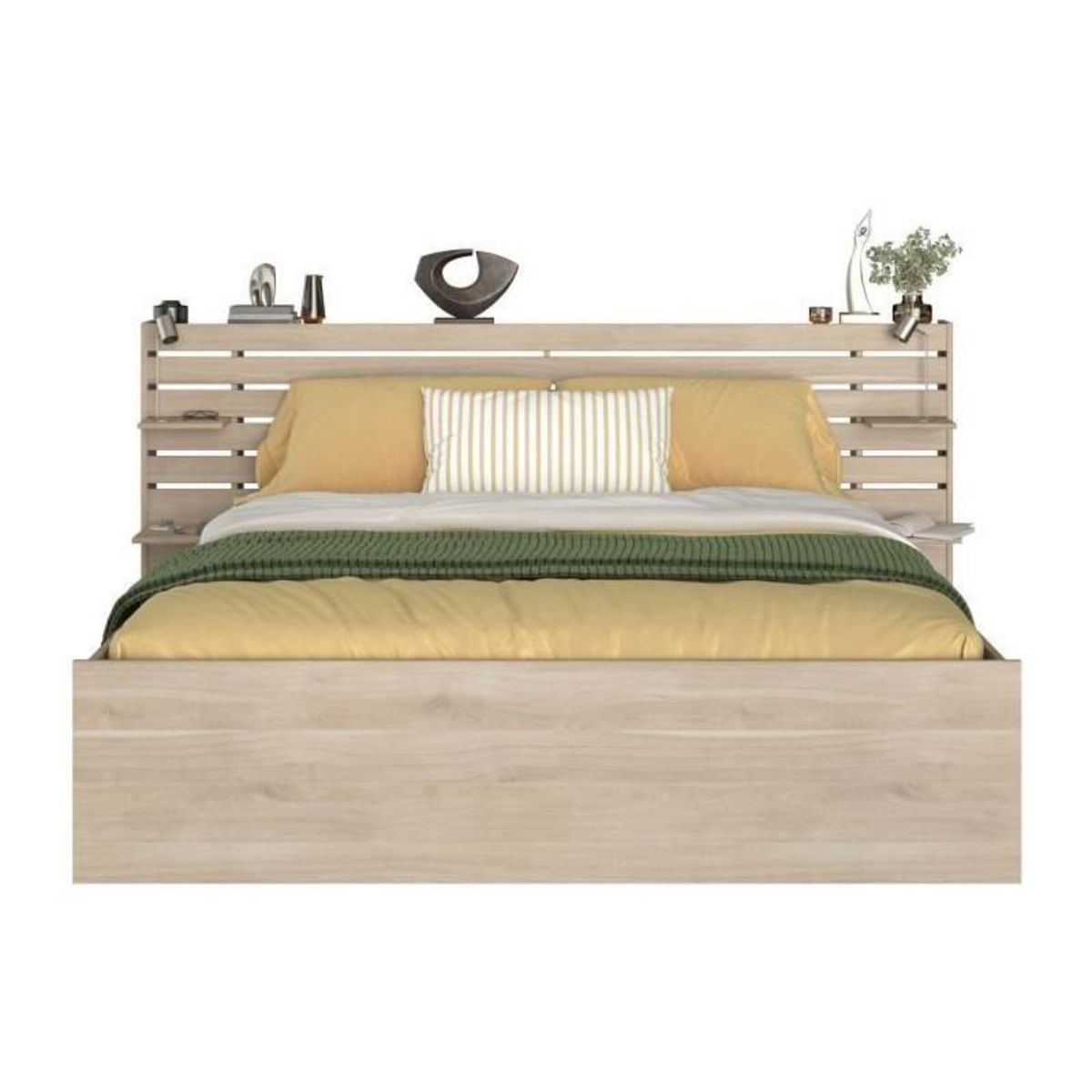 PARISOT Lit adulte ESCALE 180x200 cm - Décor chene du Japon - 2 tiroirs + Tete de lit - L235.4 x H98,2 x P216,8 cm - Fabriqué en Franc