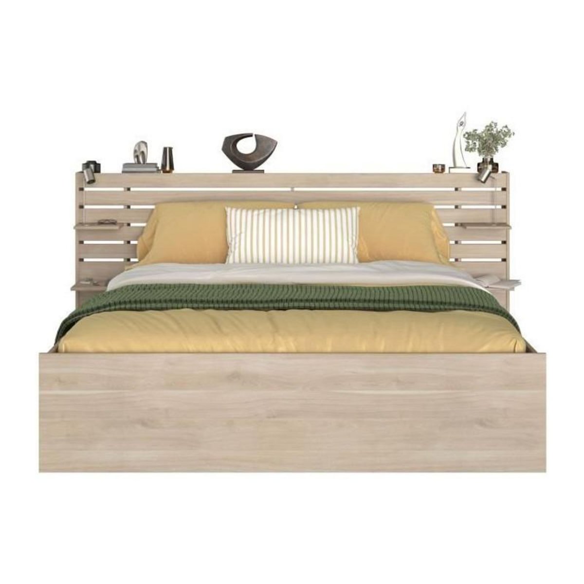 PARISOT Lit adulte ESCALE 180x200 cm - Décor chene du Japon - 2 tiroirs + Tete de lit - L235.4 x H98,2 x P216,8 cm - Fabriqué en Franc