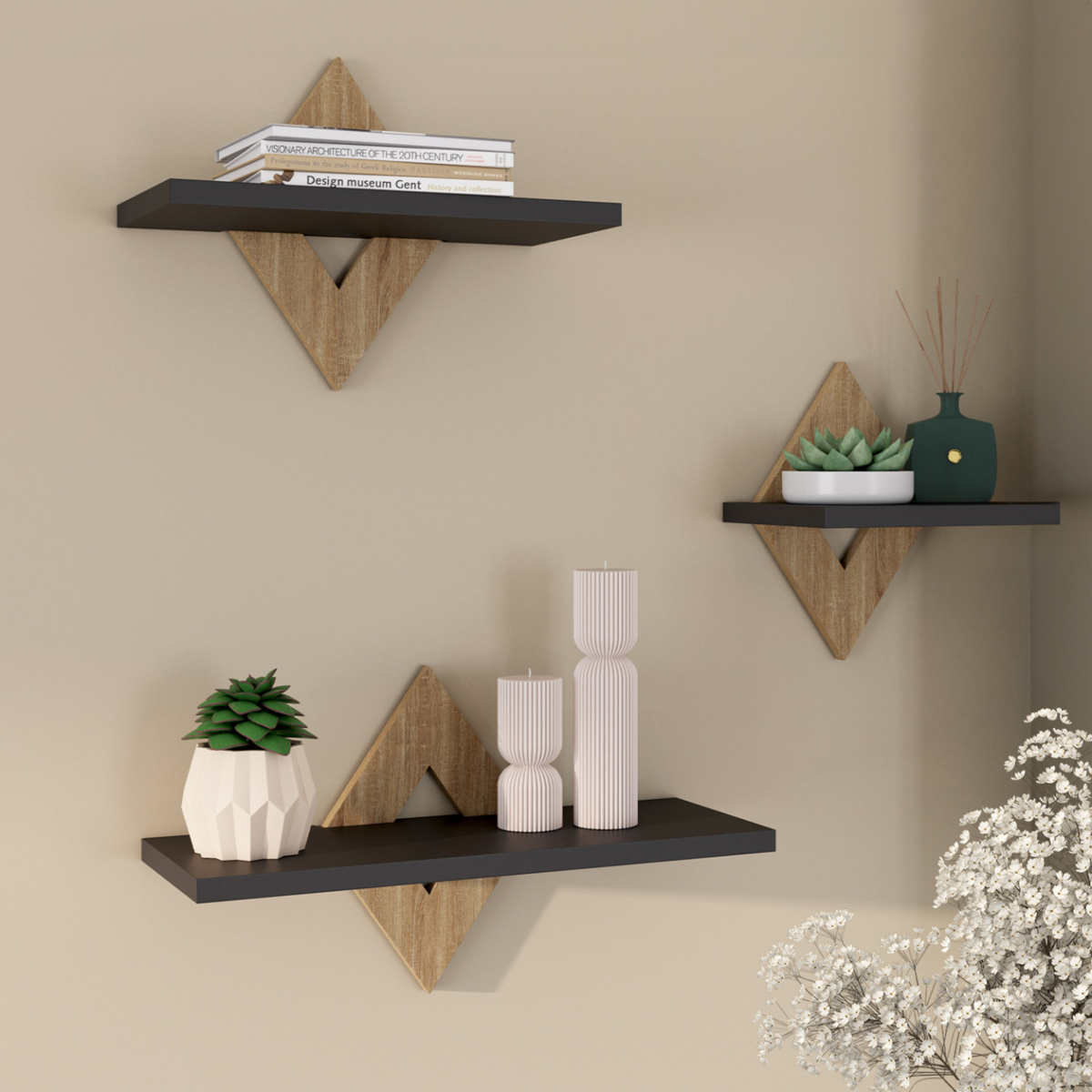 ID MARKET Lot de 3 étagères murales IRIS façon hêtre et noir