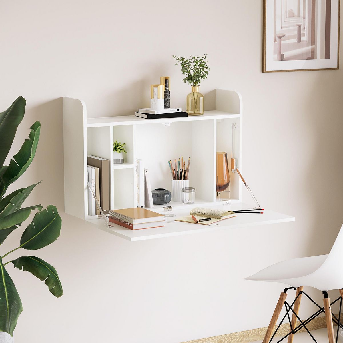 HOMCOM Bureau mural pliable - table murale rabattable - 5 niches, étagère - panneaux particules blanc
