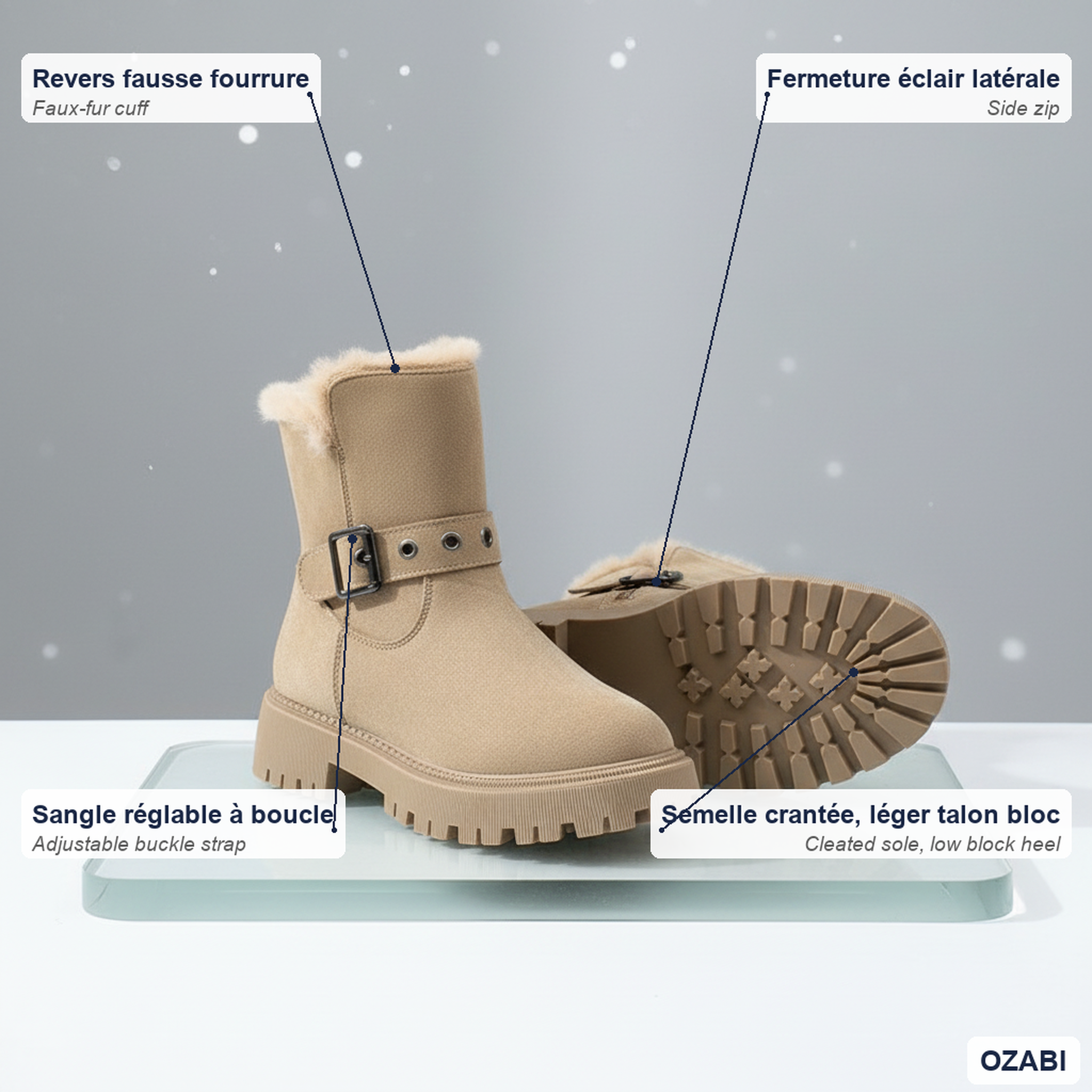 Voir la diapositive 4 : OZABI Ozabi bottines fourrées femme suédine zip et sangle semelle crantée