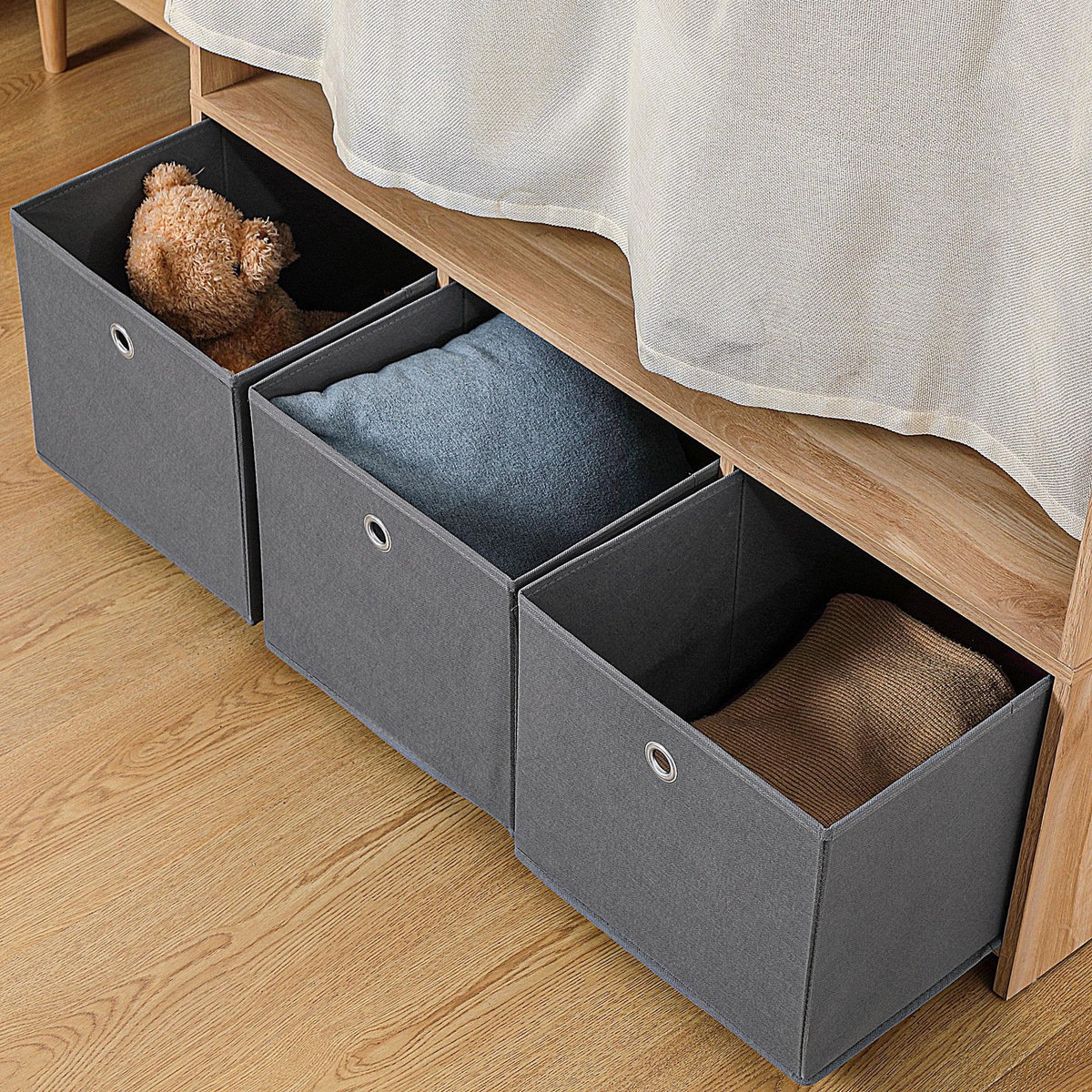 HOMCOM Vestiaire d'entrée - barre de penderie, 3 niches, 3 tiroirs tissu, rideau - panneaux aspect chêne clair polyester gris lin beige
