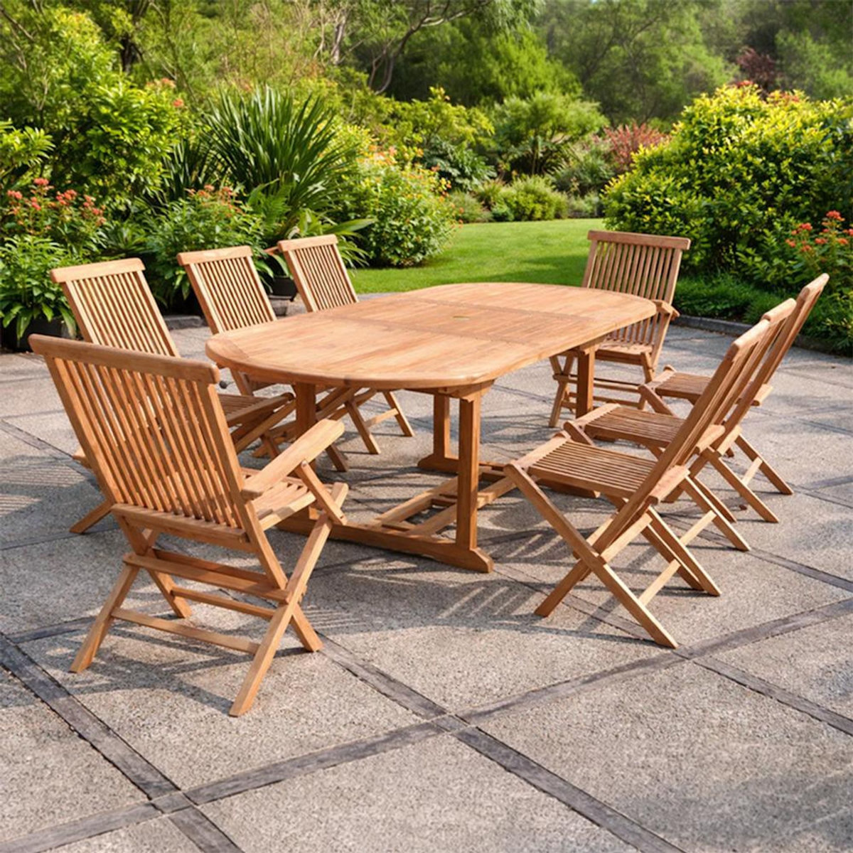 CONCEPT USINE Salon de jardin Teck 10 places Table ovale 6 chaises 2 fauteuils KAJANG