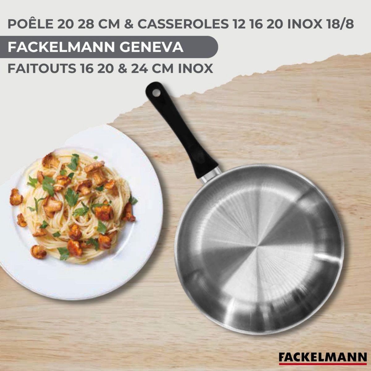 Fackelmann Set 2 poêles 20 28 cm 3 casseroles 12 16 20 cm, 3 faitouts 16, 20 et 24 cm en inox et 6 ustensiles RPET Fackelmann Geneva