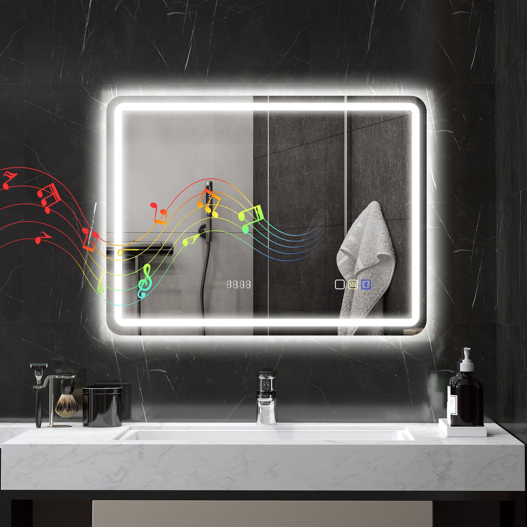 Voir la diapositive 4 : HOMCOM Miroir lumineux led salle de bain bluetooth 60x80cm - horloge numérique, antibuée, tactile, réglable - verre trempé 4 mm
