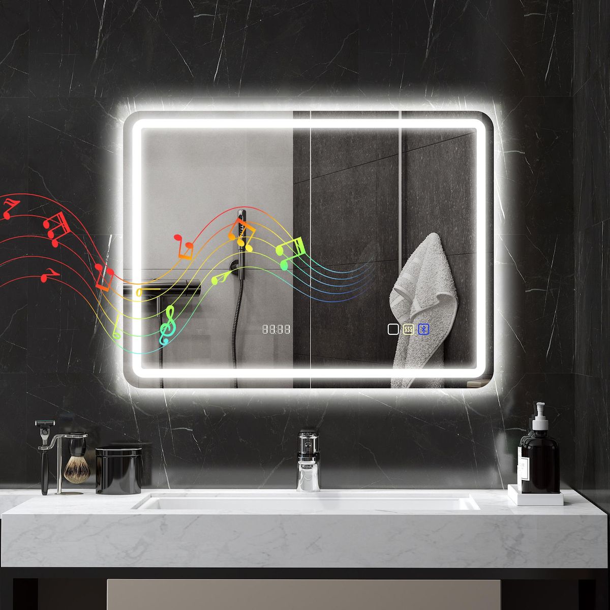 HOMCOM Miroir lumineux LED salle de bain Bluetooth 60x80cm - horloge numérique, antibuée, tactile, réglable - verre trempé 4 mm