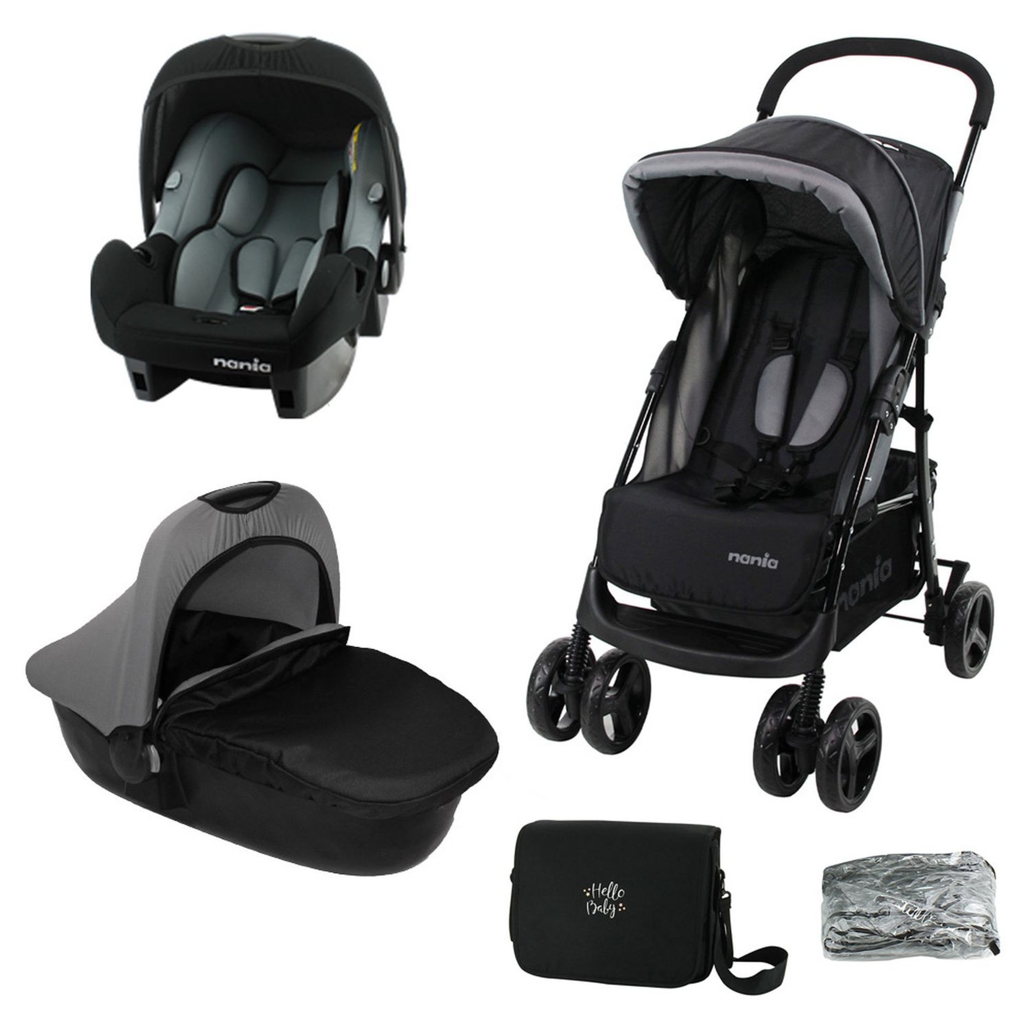 Voir la diapositive 6 : NANIA Poussette combinée TEXAS + siège auto + nacelle + sac à langer et habillage pluie