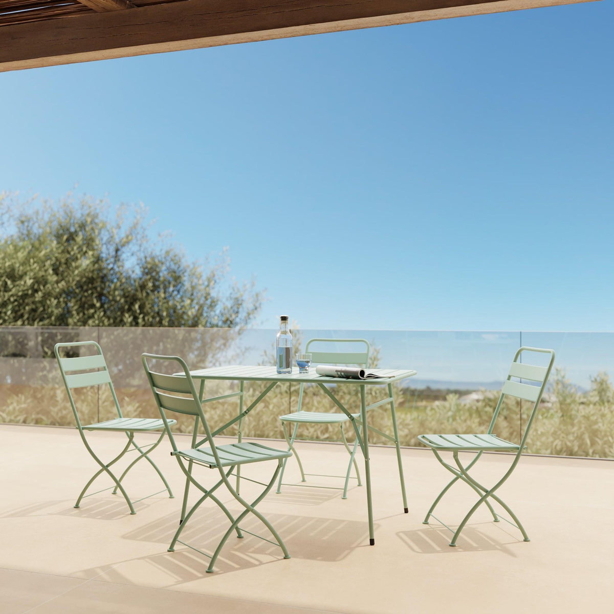 Rendez vous déco Table et chaises de jardin pliantes 4 personnes en métal vert-Yumi