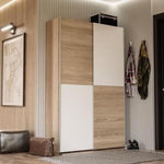MARKET24 Armoire 2 portes coulissantes multifonction - Blanc et chene clair - L 120 x P 41,6 x H 190,5 cm - OZZULA