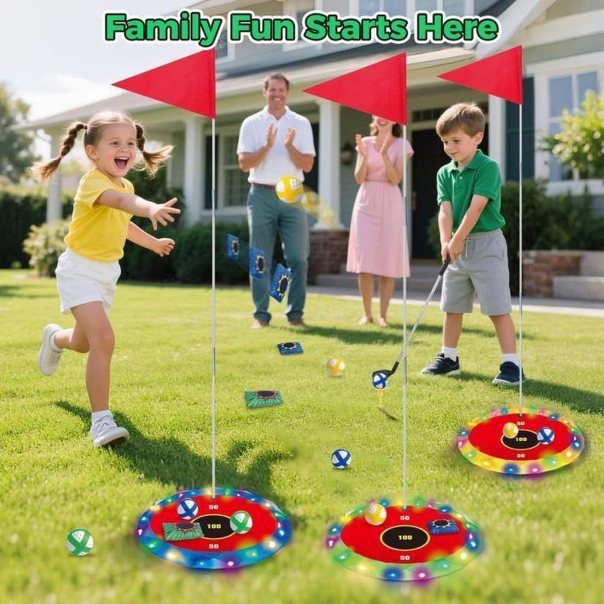 Voir la diapositive 4 : Jeu enfant 2 en 1 golf & lancer avec cibles LED, 2 clubs, 18 balles et 6 cibles, dès 5 ans