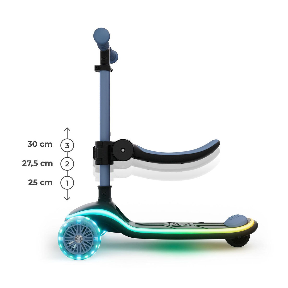 KINDERKRAFT Trottinette Kinderkraft RAKET UP 2-en-1 avec siège réglable, roues RGB LED, plateau lumineux, pliable dès bébé, Bleu
