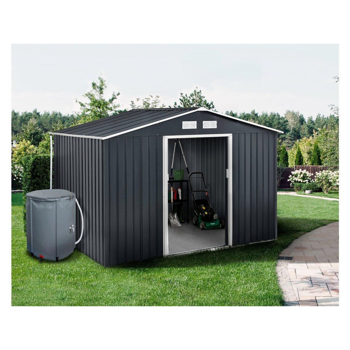 Habitat et Jardin Abri de jardin métal - Vegas  - 7.06 m² avec gouttière et récupérateur d'eau - Gris