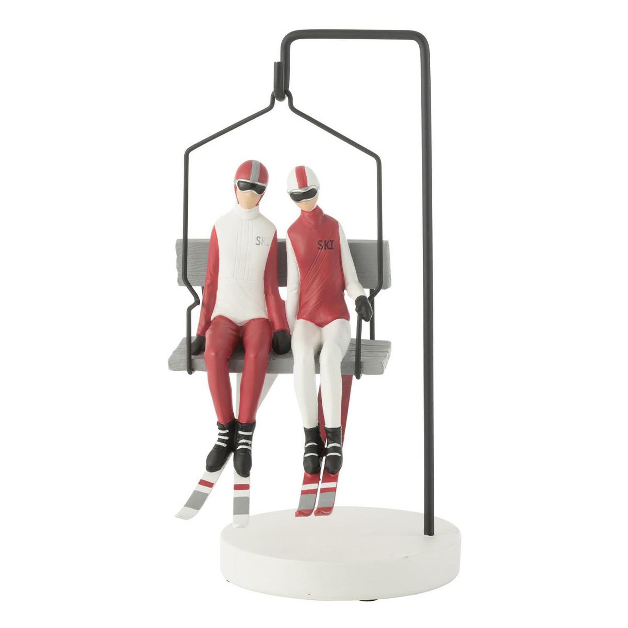 J-LINE Statuette télésiège ski  couple  34cm rouge & blanc