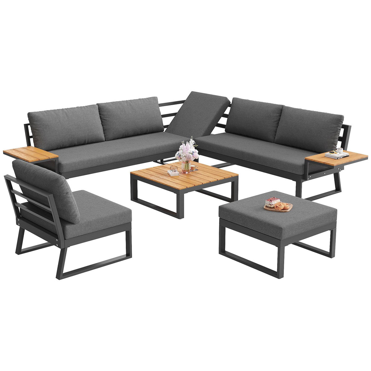 MERAX Salon de jardin 7 places en métal avec canapé d'angle, fauteuil, table basse et tabouret