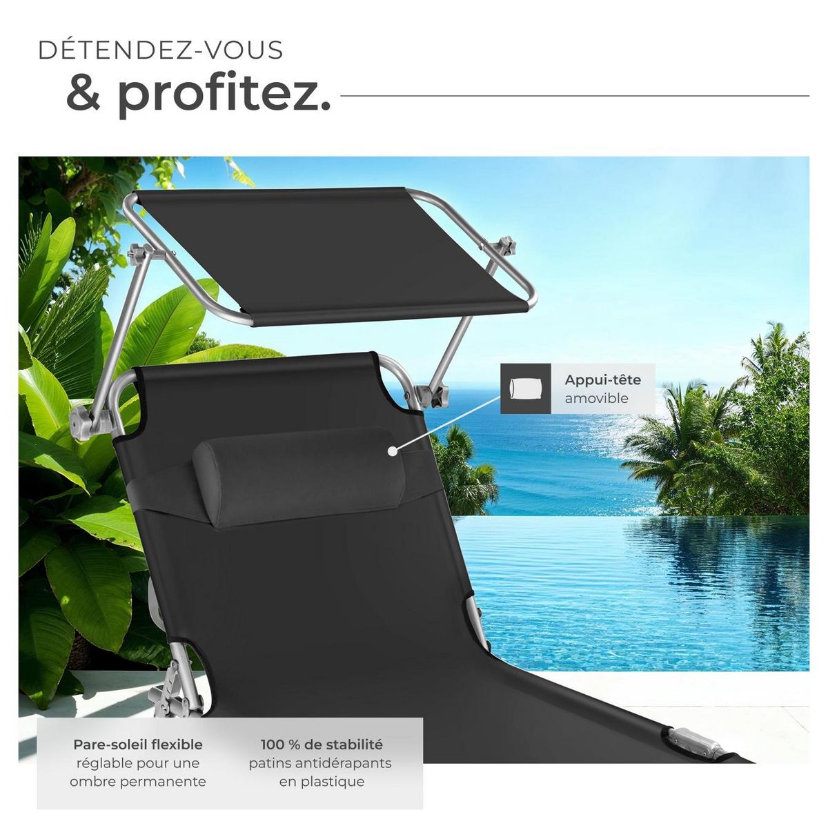 tectake Transat en acier pliable noir