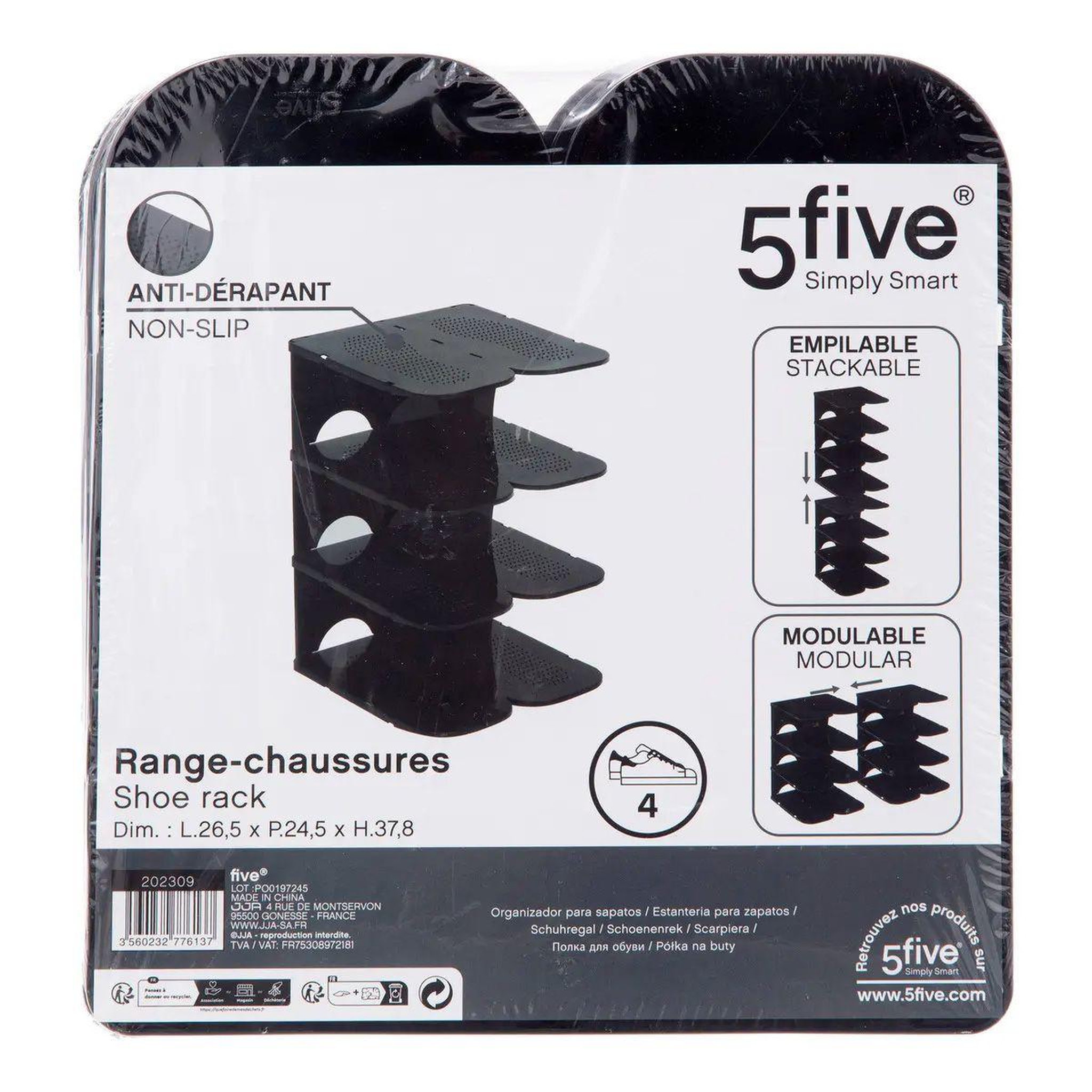 Voir la diapositive 2 : FIVE Range-chaussures empilable  4 paires  37cm noir