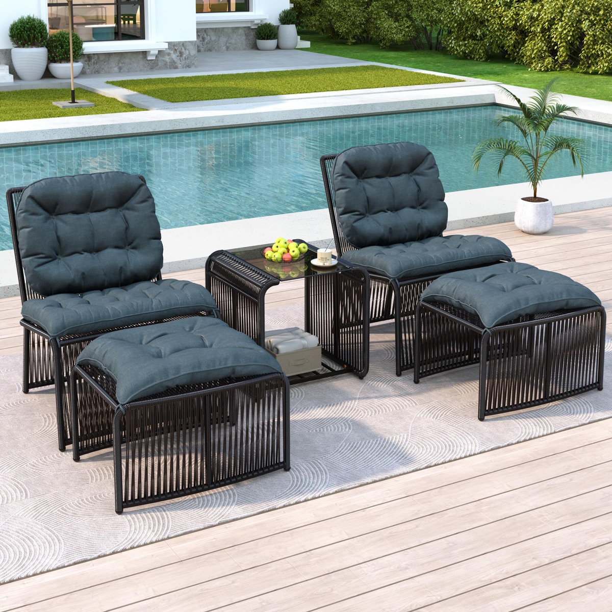 MERAX Salon de jardin 2 places avec table, fauteuils et tabourets, noir gris