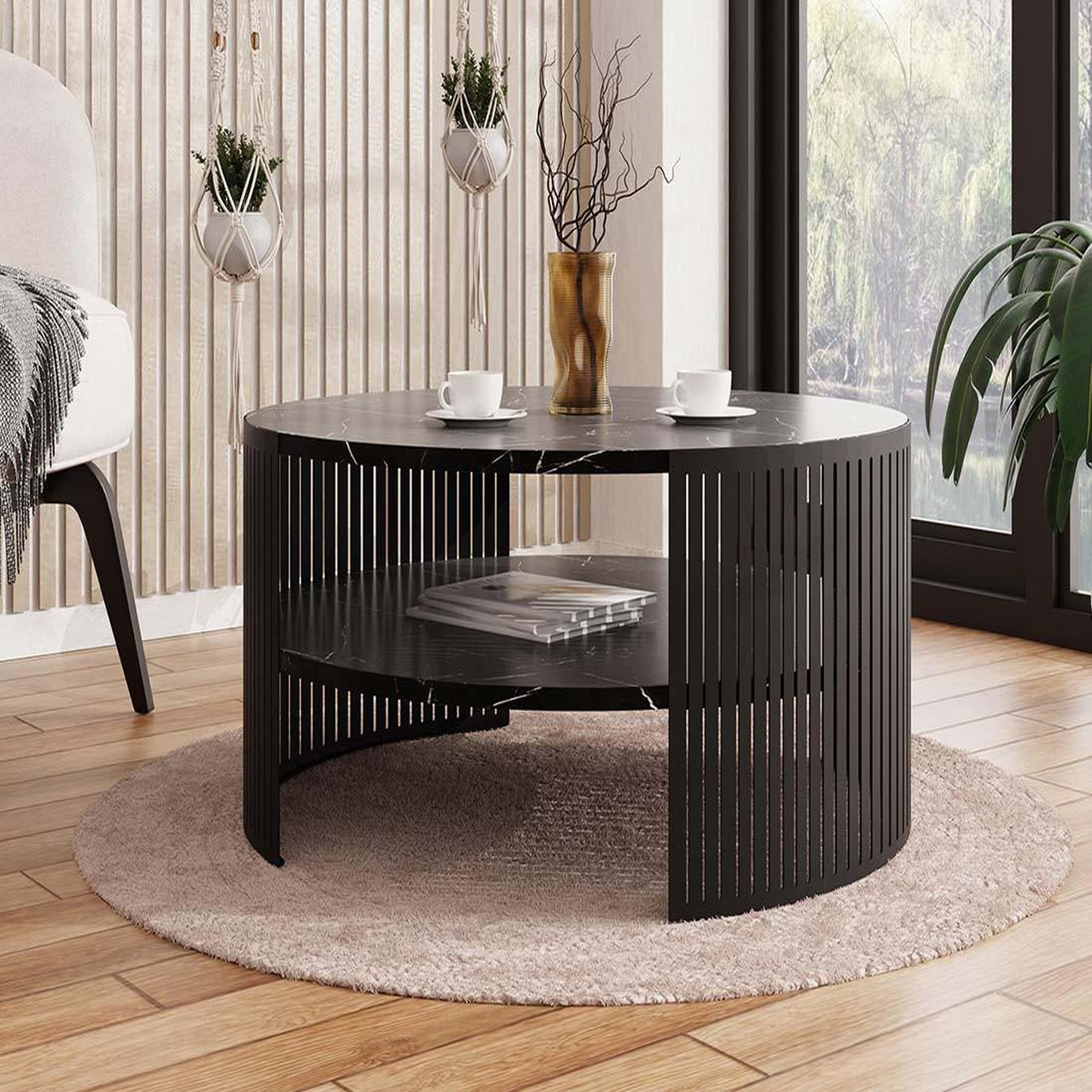 Voir la diapositive 3 : BEST MOBILIER Cruz - table basse ronde - effet marbre noir - 1 niche - 75 cm