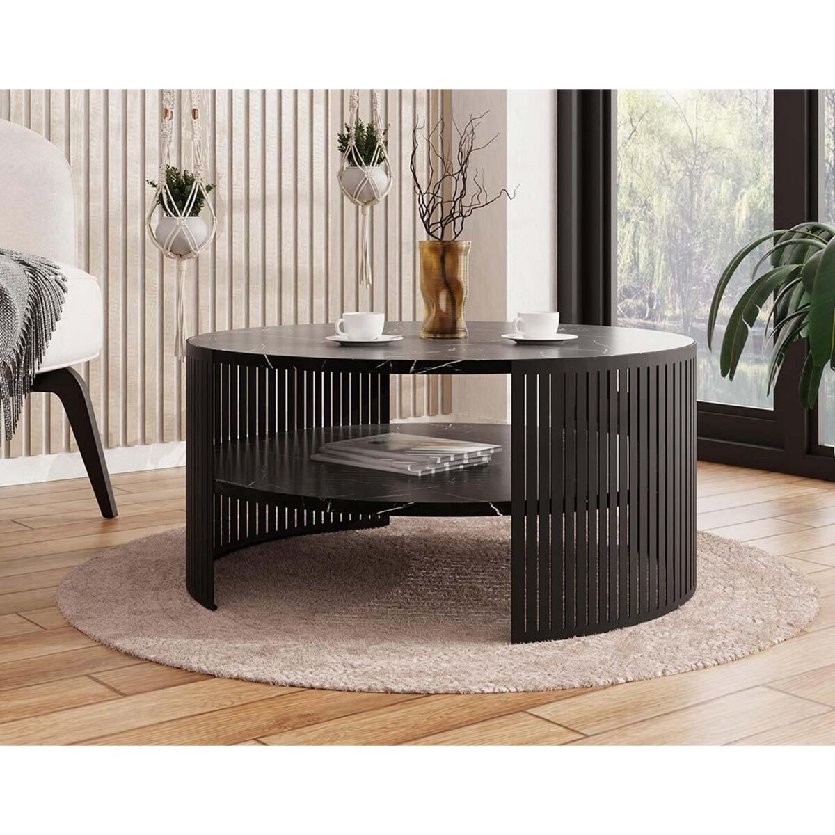 BEST MOBILIER Cruz - table basse ronde - effet marbre noir - 1 niche - 75 cm