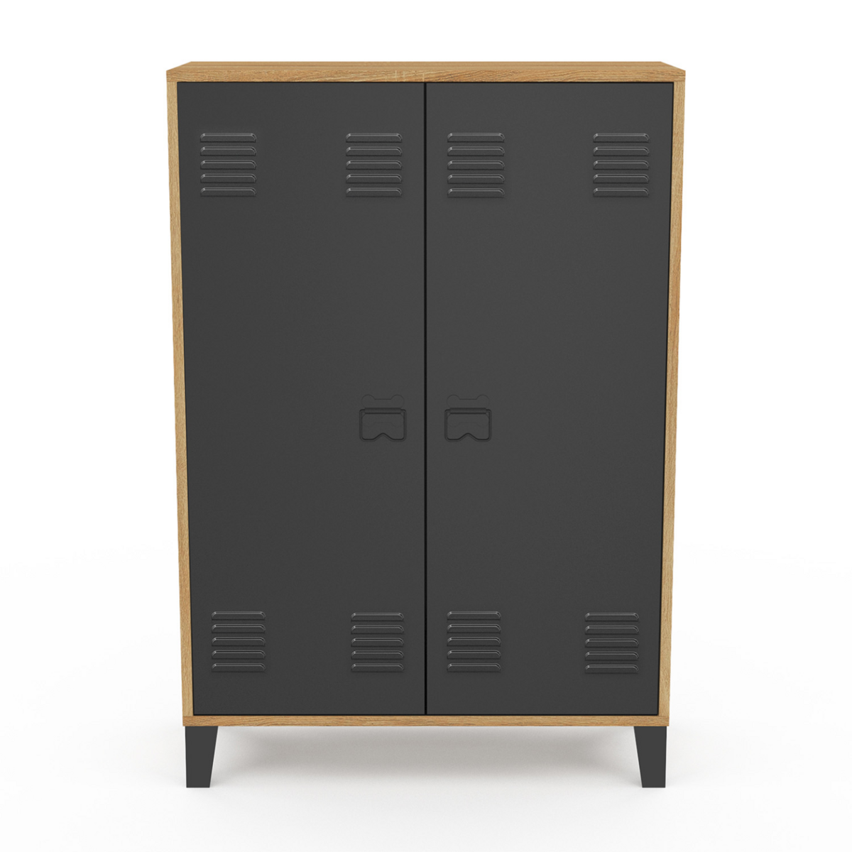 ID MARKET Armoire basse ESTER 2 portes métal noir et contour bois design industriel
