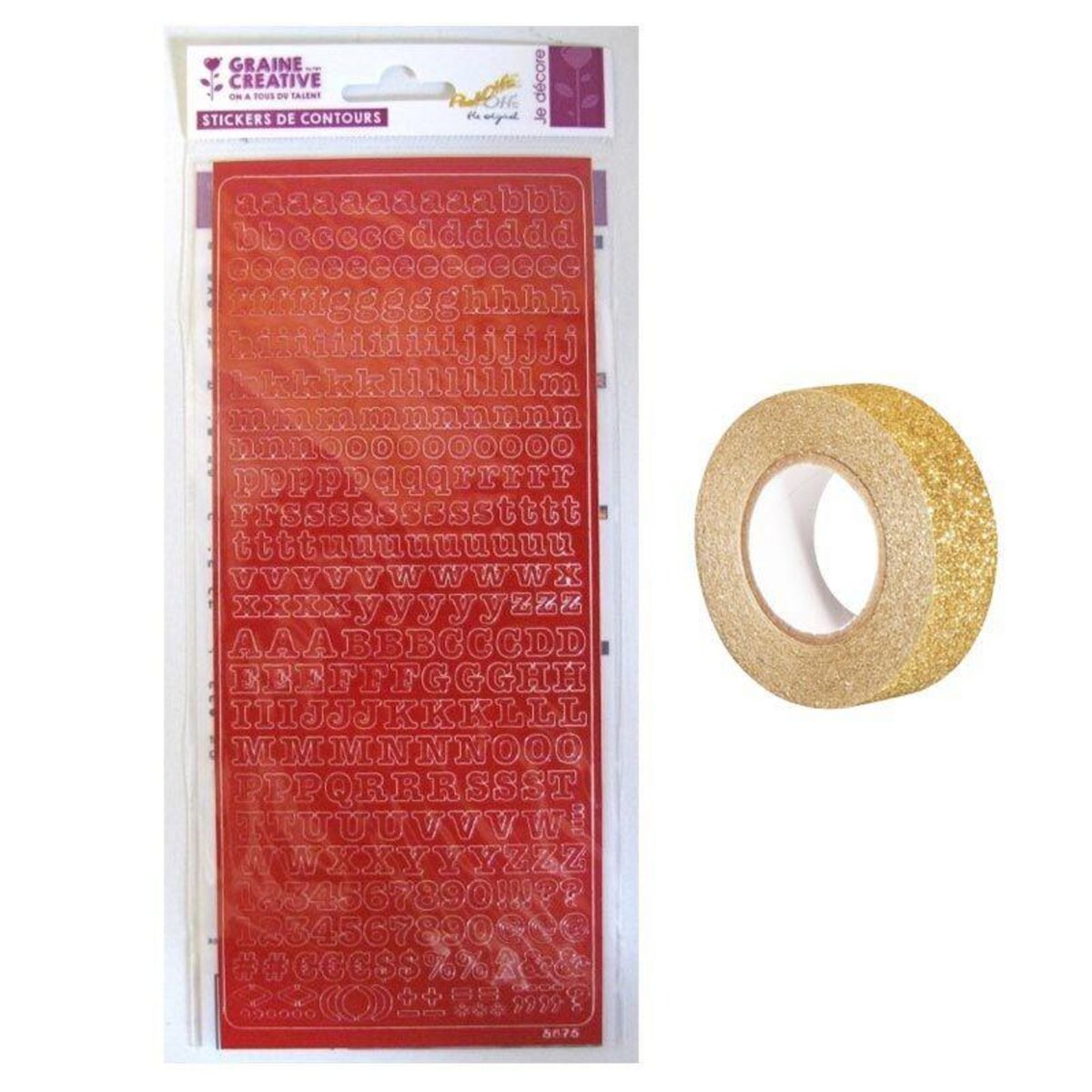 Youdoit Stickers Alphabet rouge 10,5 x 23,2 cm + masking tape doré à paillettes 5 m