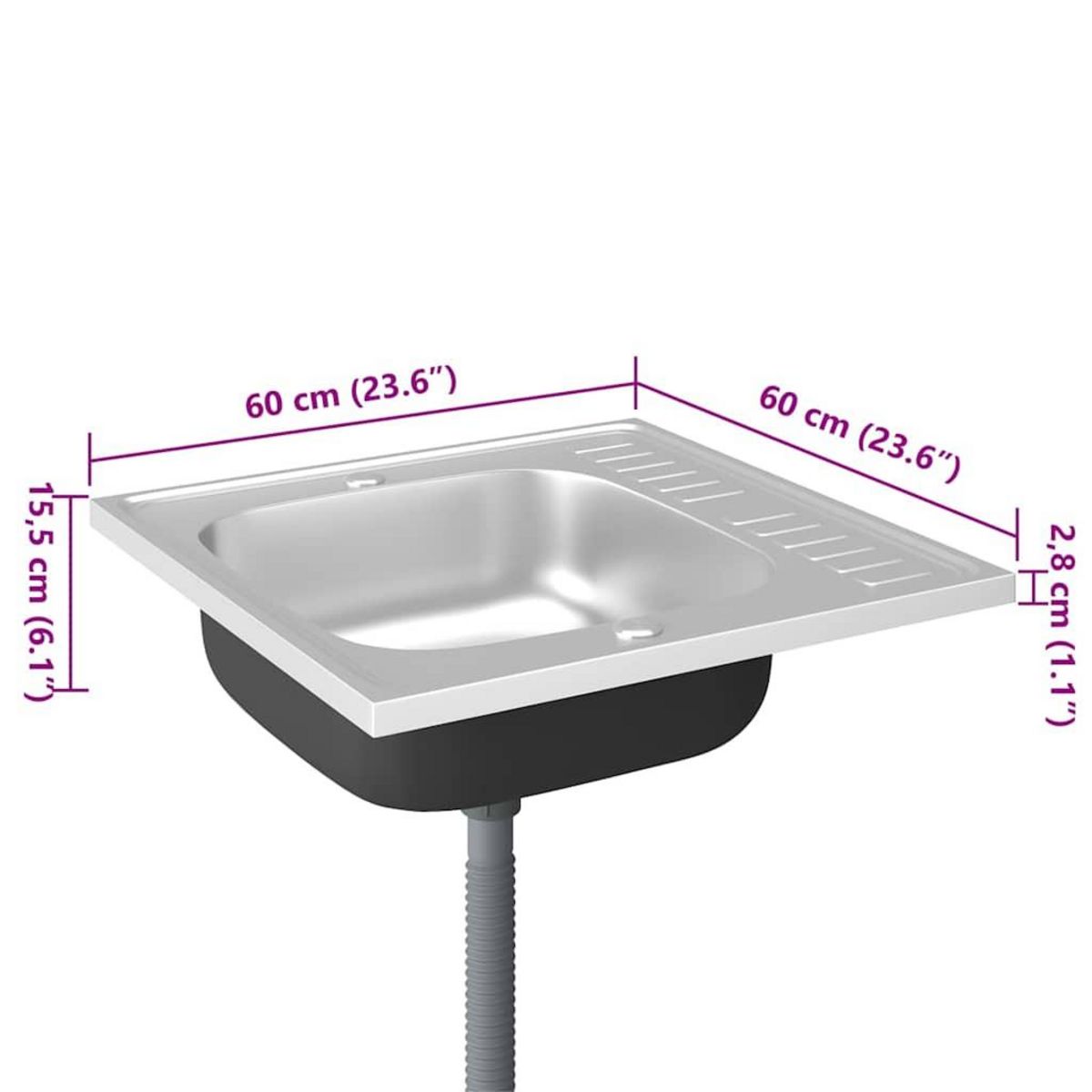 VIDAXL Jeu d'evier de cuisine et egouttoir argente 600x600x155 mm inox