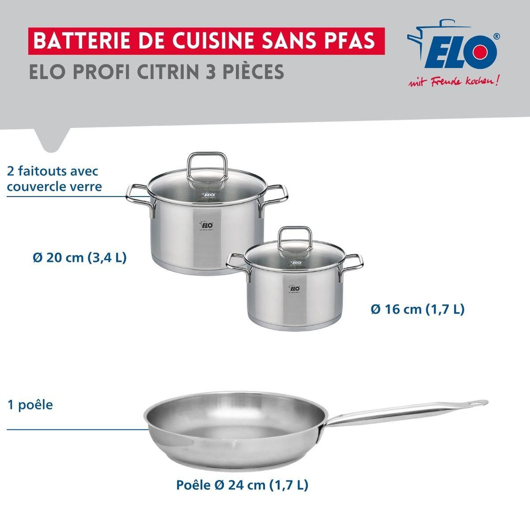 Voir la diapositive 2 : ELO Ensemble de 1 poêle de cuisson 24 cm et 2 faitouts 16 et 20 cm elo profi citrin