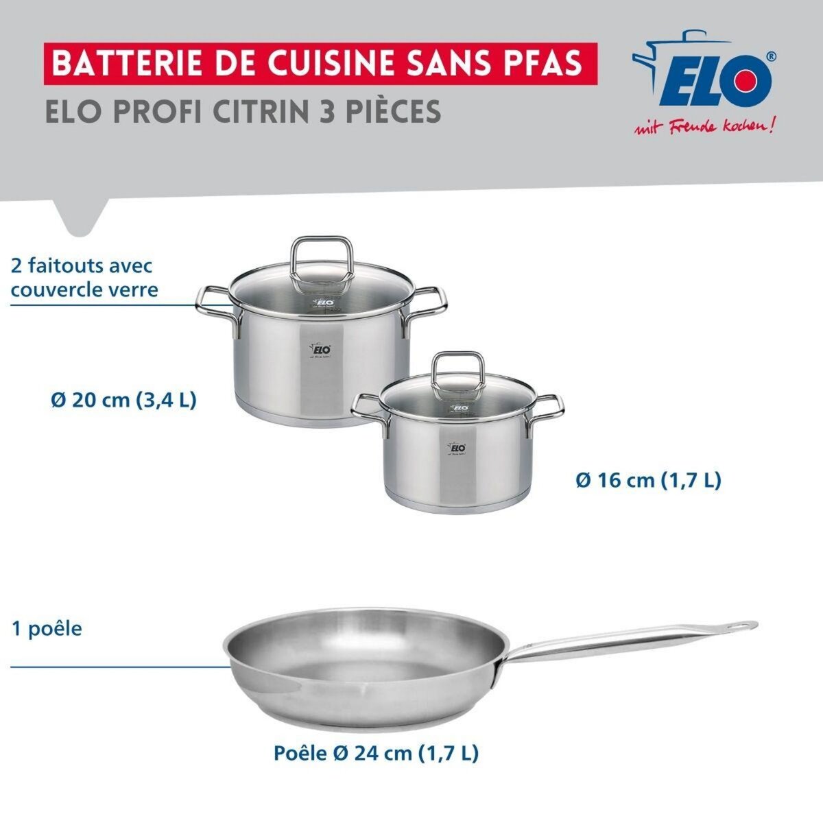 ELO Ensemble de 1 Poêle de cuisson 24 cm et 2 faitouts 16 et 20 cm Elo Profi Citrin