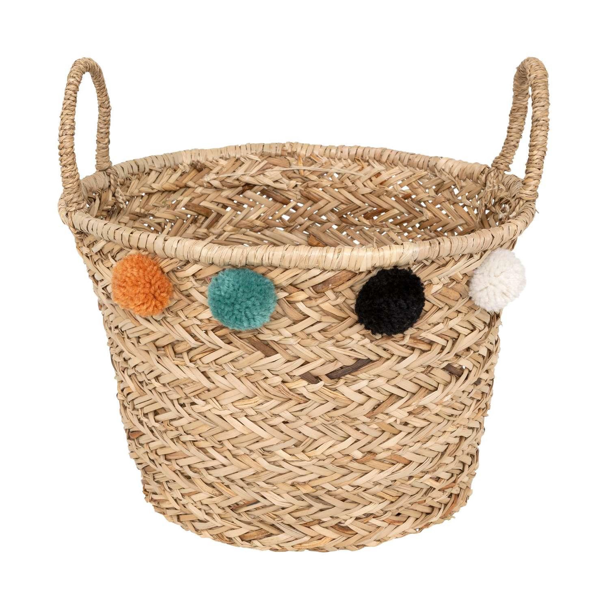 ATMOSPHERA Panier en roseau avec pompons - Diamètre 40 cm - Beige