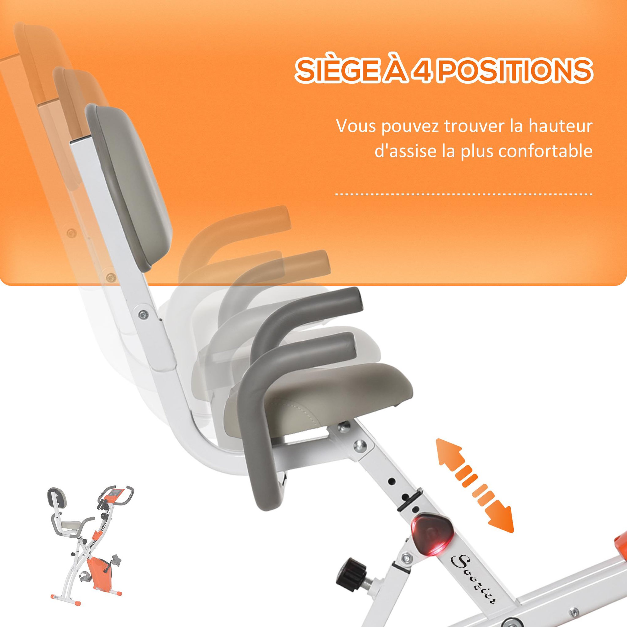 Voir la diapositive 5 : HOMCOM Vélo d'appartement pliant 8 niveaux de résistance magnétique dossier selle réglable poignées ergonomiques écran LCD multifonction suspensions support tablette acier
