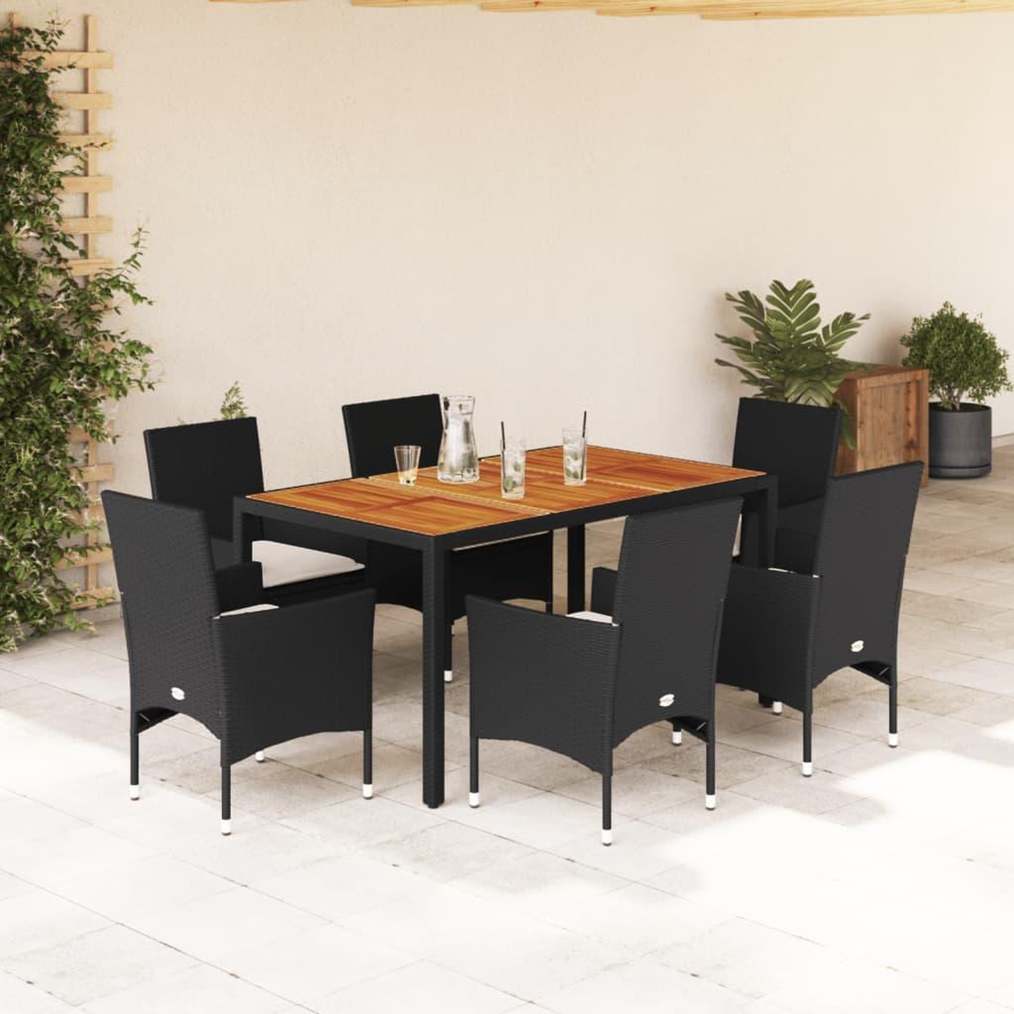VIDAXL Ensemble a manger de jardin et coussins 7pcs noir rotin acacia