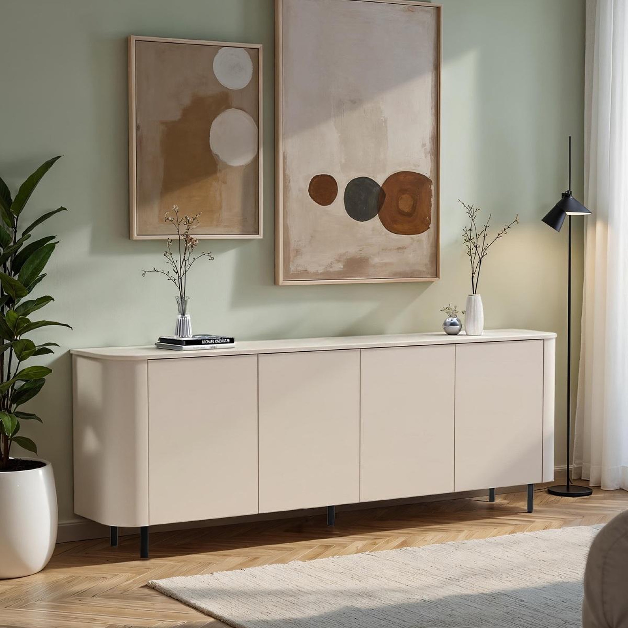 Voir la diapositive 2 : JLC KREATION Buffet bas arrondi beige cachemire 230cm olga