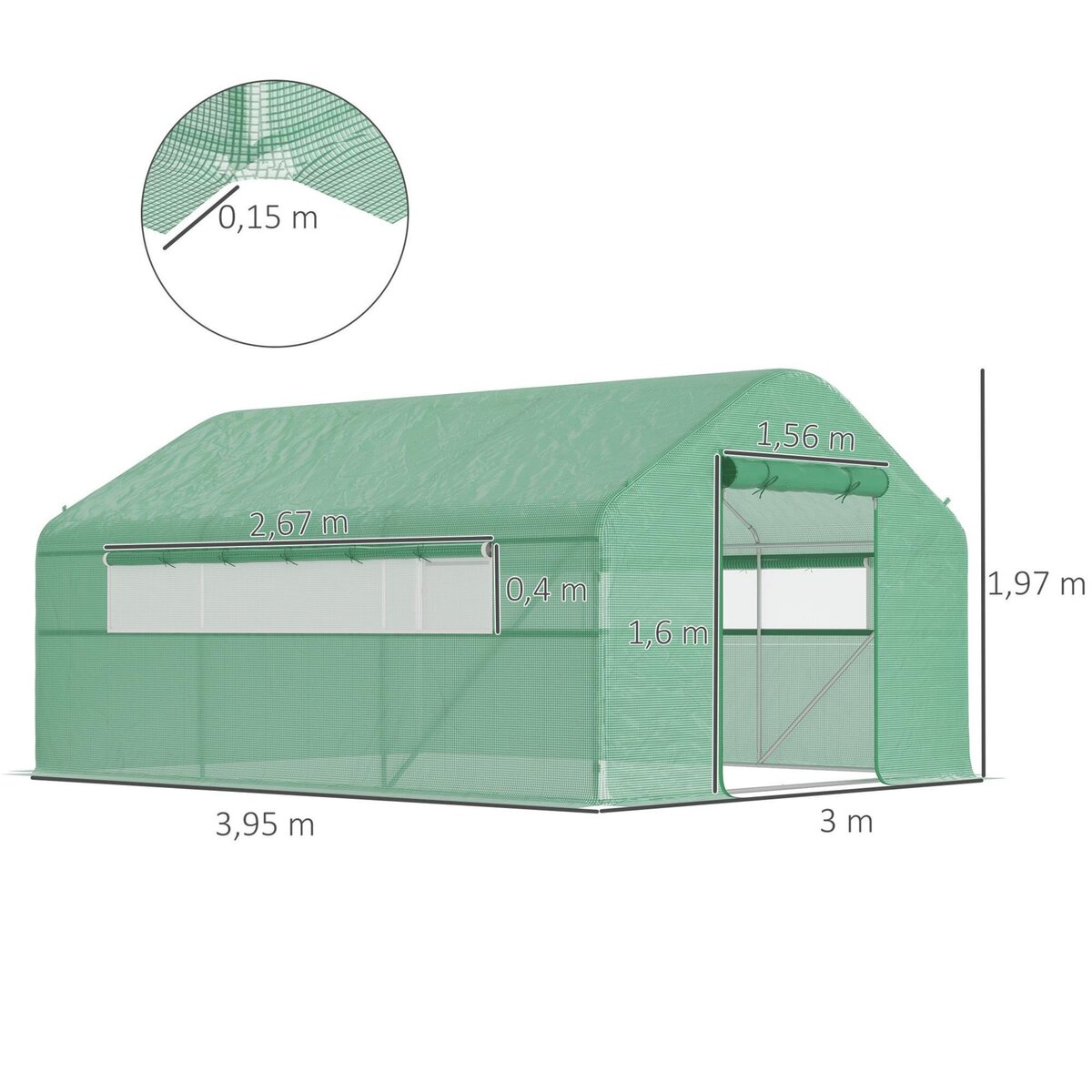 OUTSUNNY Serre de jardin 12 m² - serre tunnel 4 x 3 x 2 m porte 2 grandes fenêtres enroulables maillées acier galvanisé PE blanc