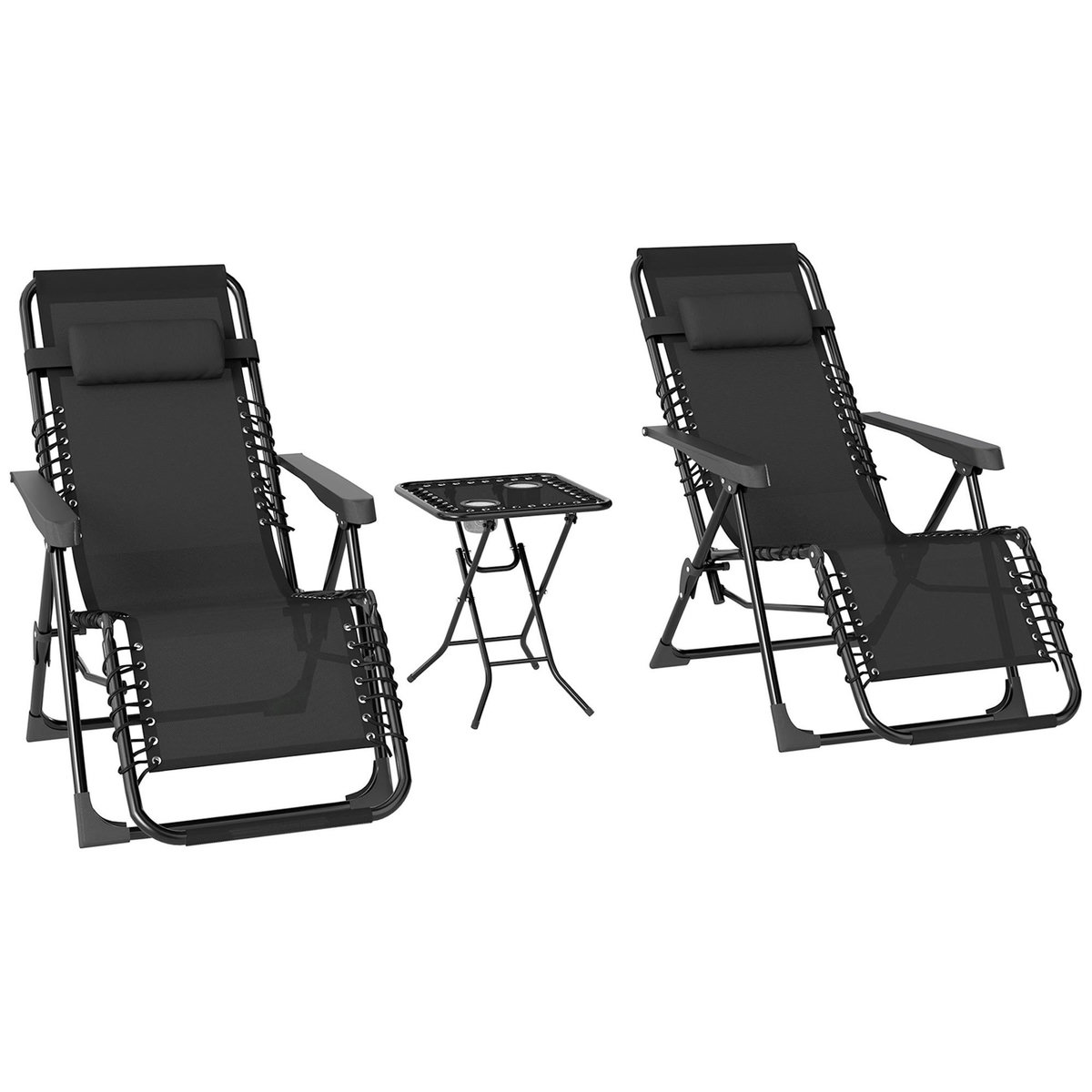 OUTSUNNY Lot de 2 chaises longues pliables inclinables zéro gravité avec table d'appoint métal textilène noir