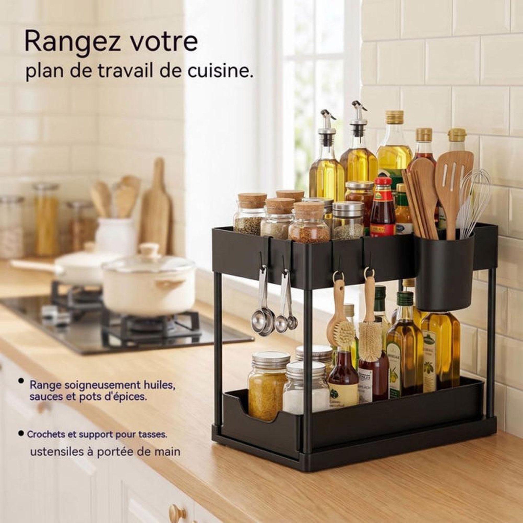Voir la diapositive 5 : Rangement double niveau sous évier avec tiroir coulissant, fond évidé et étagères ventilées noir 37,5 x 20,5 x 33,5 cm