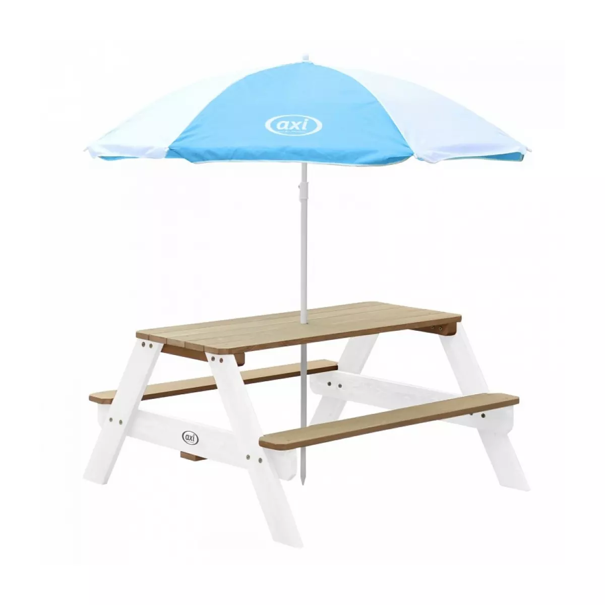 Axi House AXI Table Picnic NICK Brun Blanc avec parasol Bleu Blanc 98x95x49cm