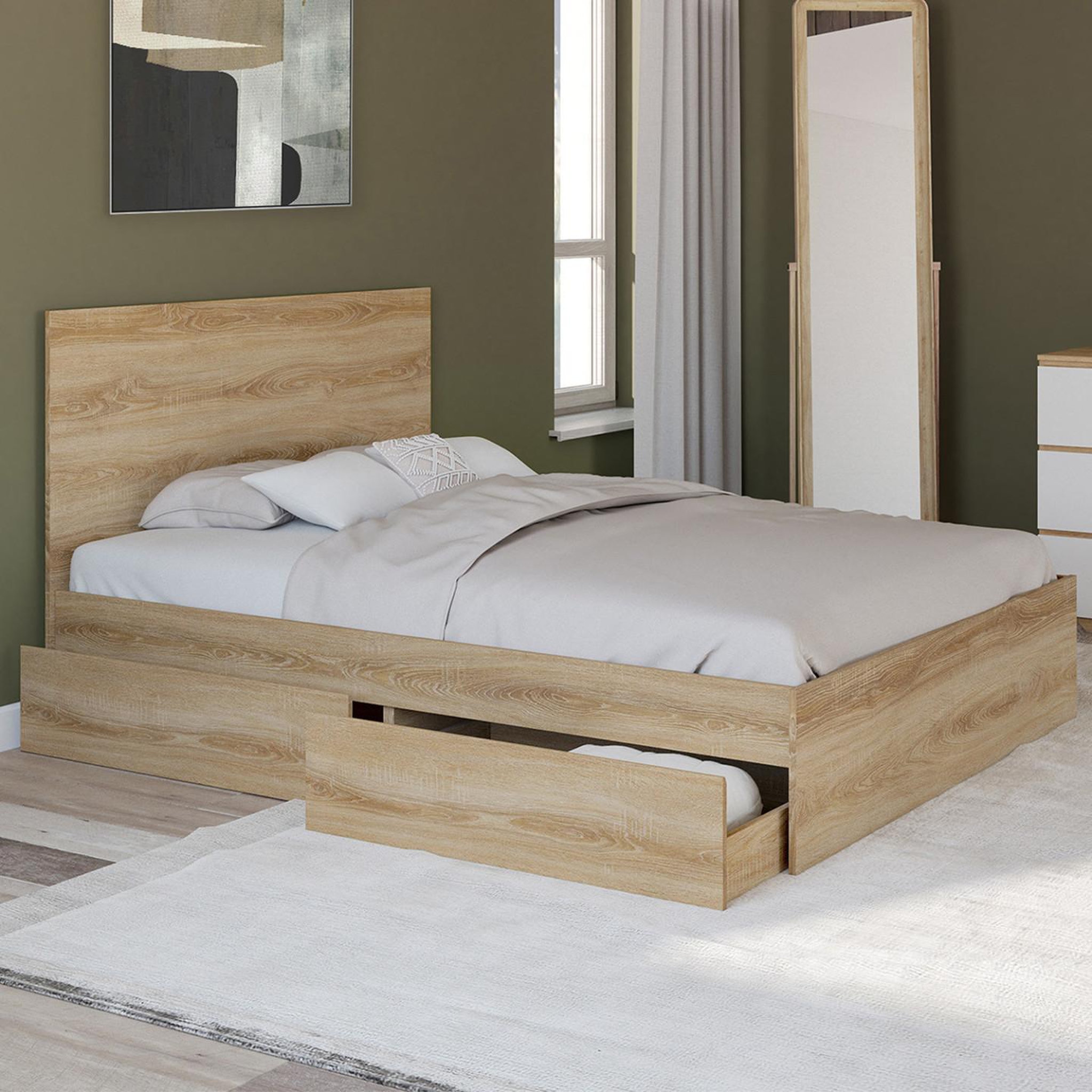 Voir la diapositive 2 : ID MARKET Lit double omaha 4 tiroirs sur roulettes avec tête de lit et sommier 140 x 190 cm façon hêtre