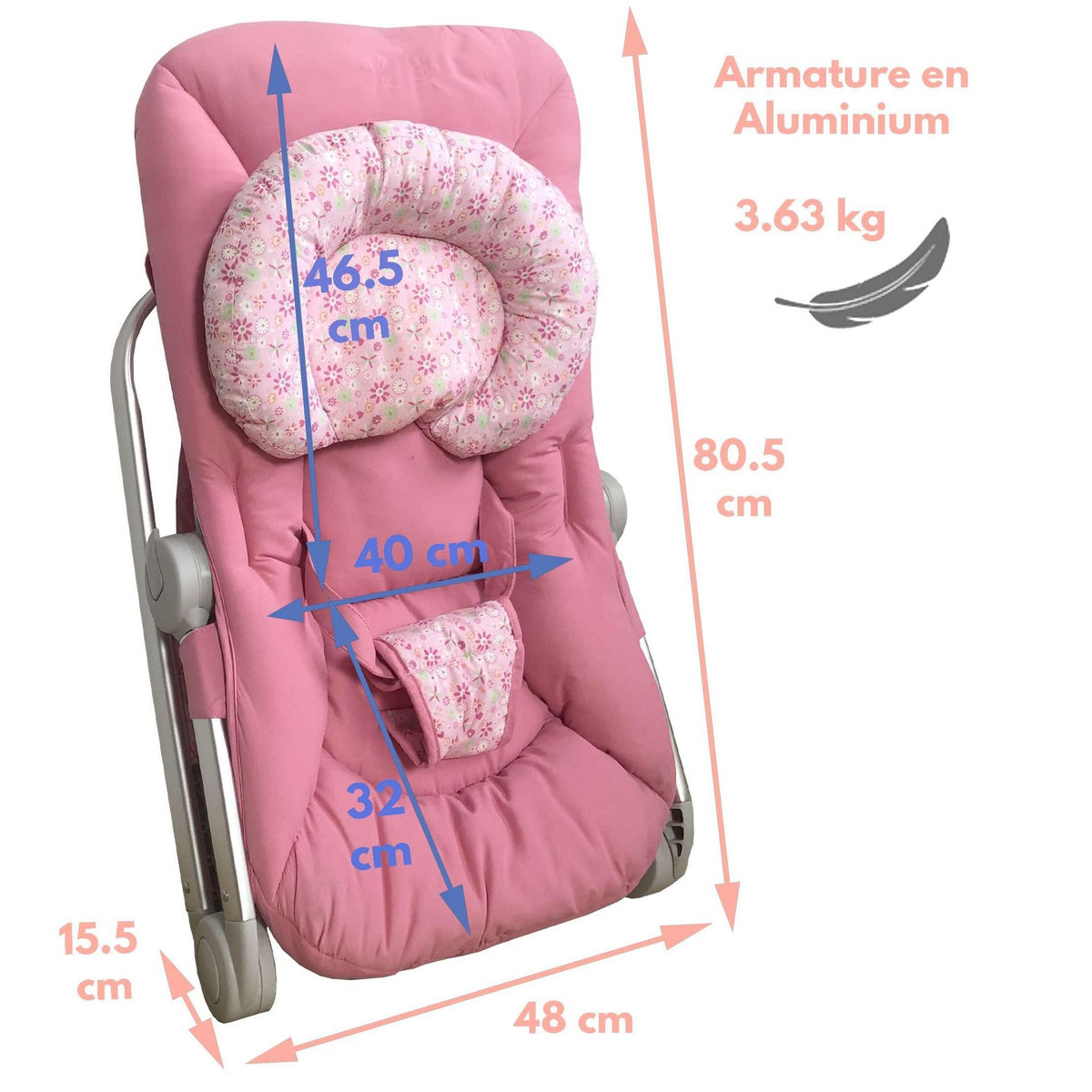 BAMBISOL Bambisol Transat Balancelle Bébé Luxe | Velours, Cale-Tête Réglable | Full Rose