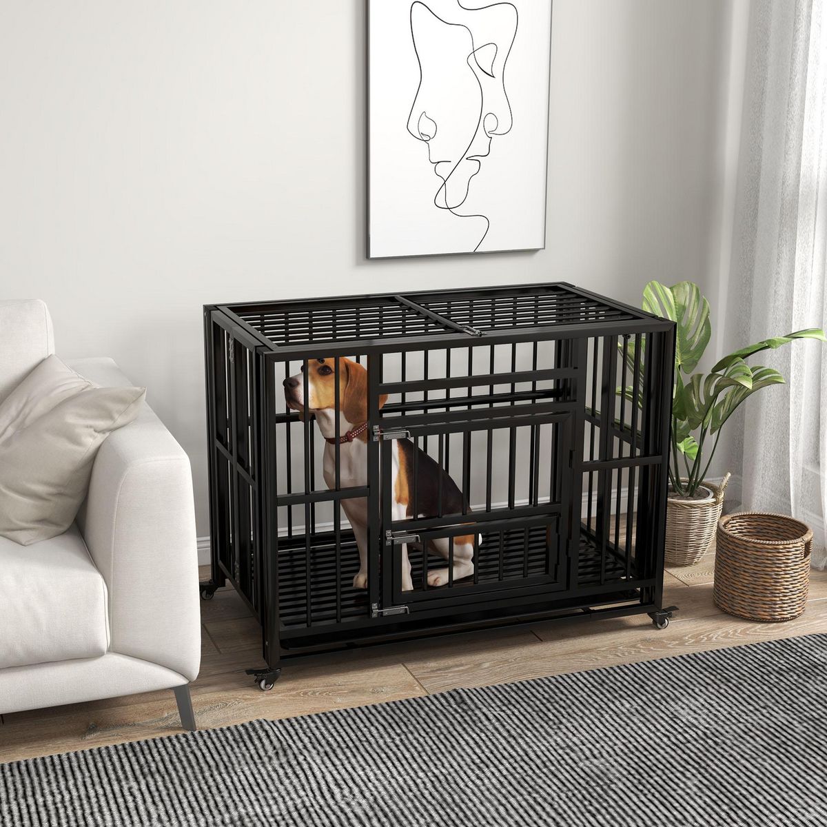 PAWHUT Cage pour chien animaux cage de transport sur roulettes pliable 3 portes verrouillables plateau amovible acier noir