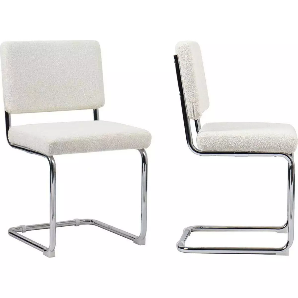 HOMIFAB Lot de 2 chaises en tissu bouclé écru et métal chromé - Dulce