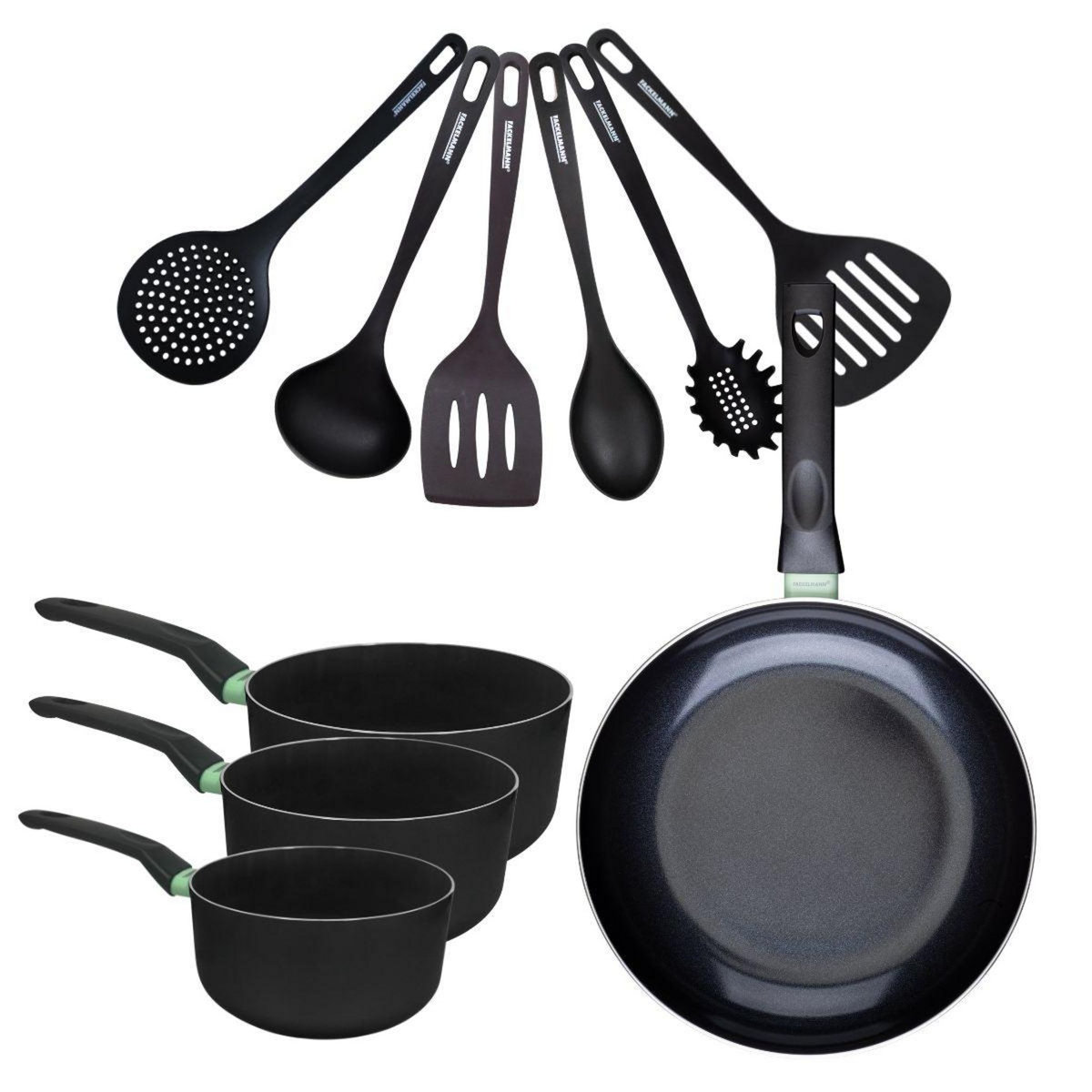 Fackelmann Set de 1 poêle 28 cm, 3 casseroles antiadhésives céramique 16, 18 et 20 cm et 6 ustensiles Fackelmann Brandao