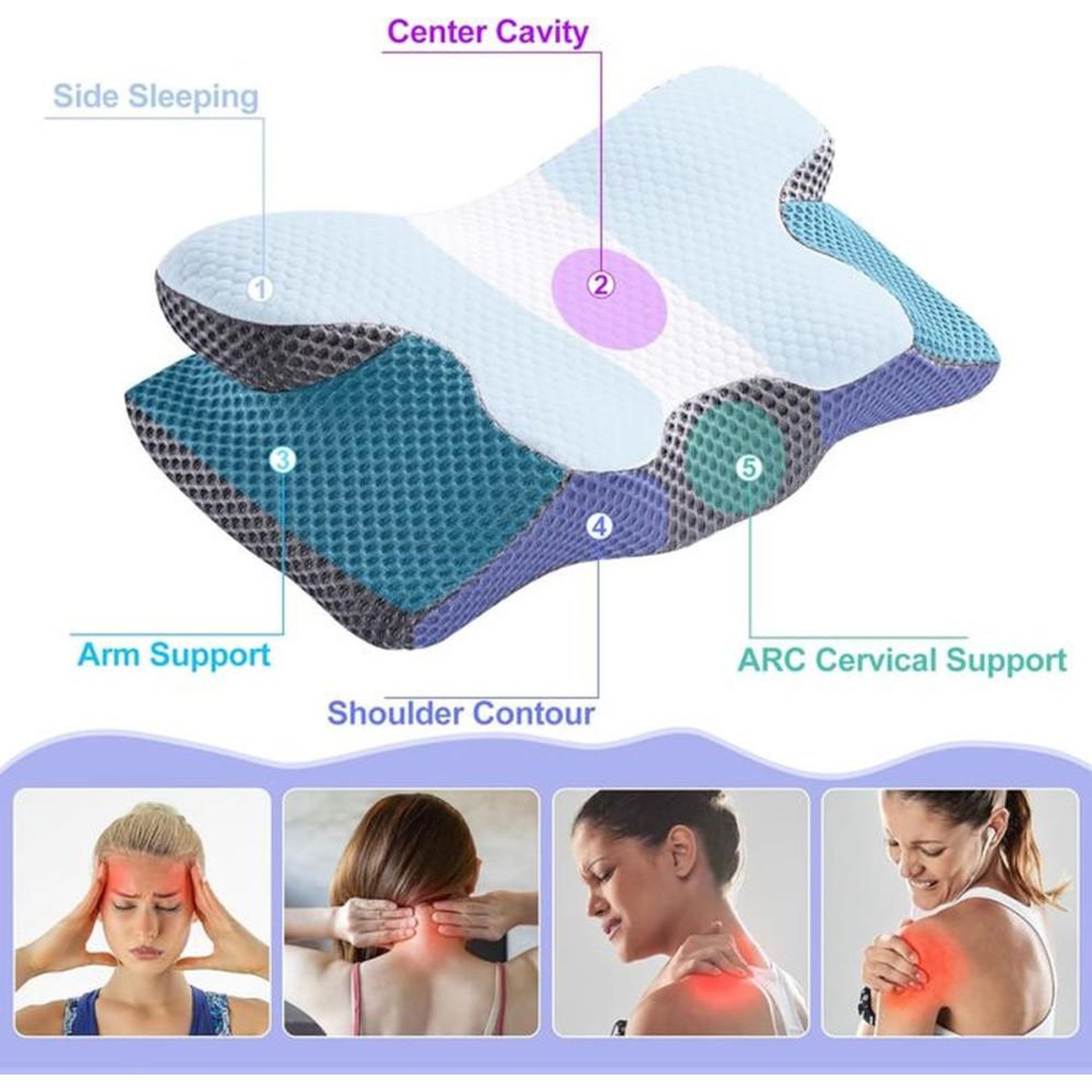 Voir la diapositive 2 : Oreiller cervical ergonomique en mousse à mémoire de forme haute densité, soutien profilé pour nuque et épaules (60 x 34 x 10/13 cm), blanc et gris foncé
