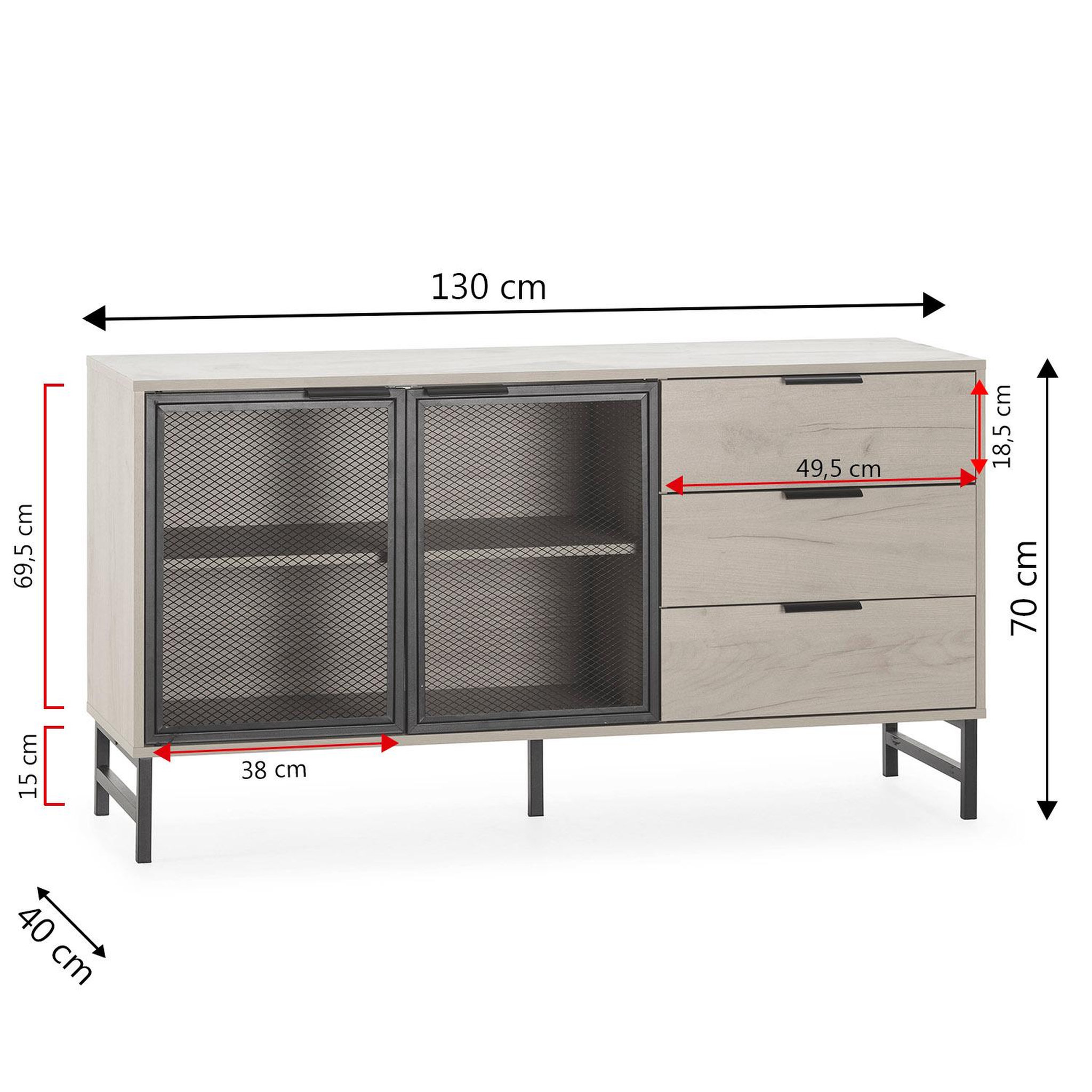 Voir la diapositive 5 : VS VENTA-STOCK Buffet Isis 2 portes en métal noir et 3 tiroirs, 130 cm